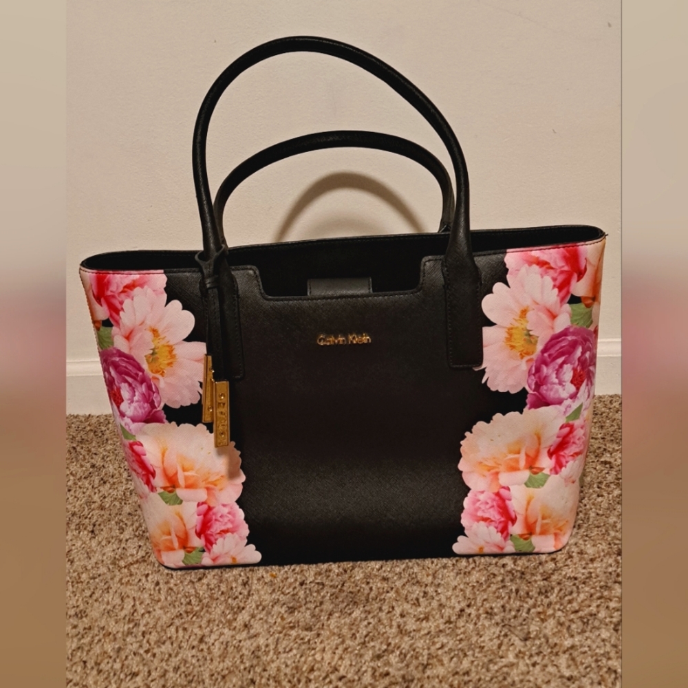 Calvin Klein Black Tote with Pink & White Floral Panels